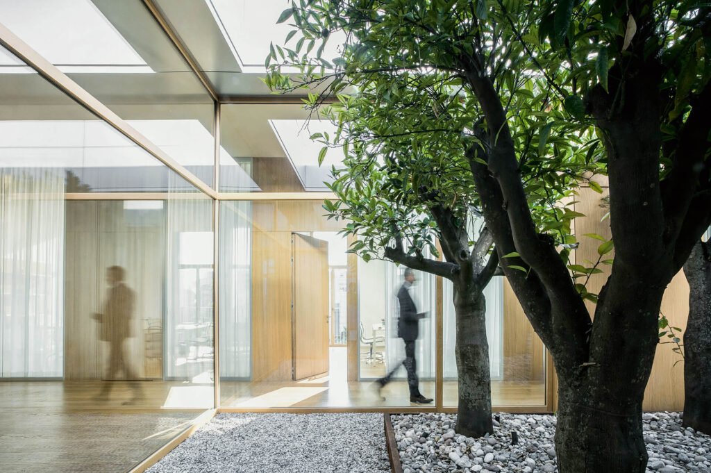 FOPE parete divisoria Double corridoio parete vetrata a vetro doppio extra clear e parete cieca con finitura oak profilo in alluminio portale cieco tamburato